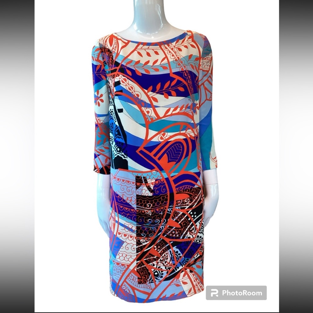 Size 12 (42) Emilio Pucci Silk Geometric Orange Blue Turquoise Mini Dress 2014